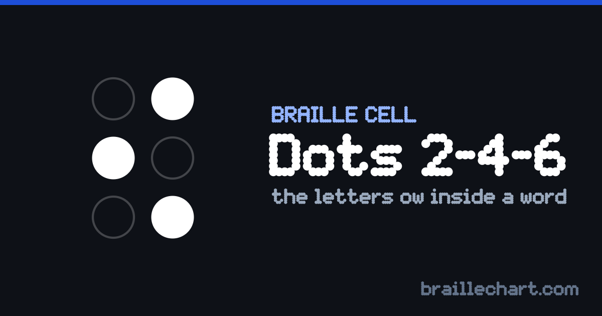 A braille cell with dots 2, 4 and 6 raised, which in Unified English Braille is the letters ow inside a word.
