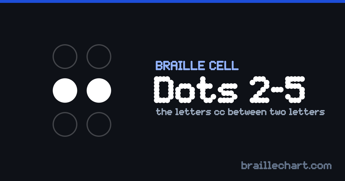 A braille cell with dots 2 and 5 raised, which in Unified English Braille is the letters cc between two letters.
