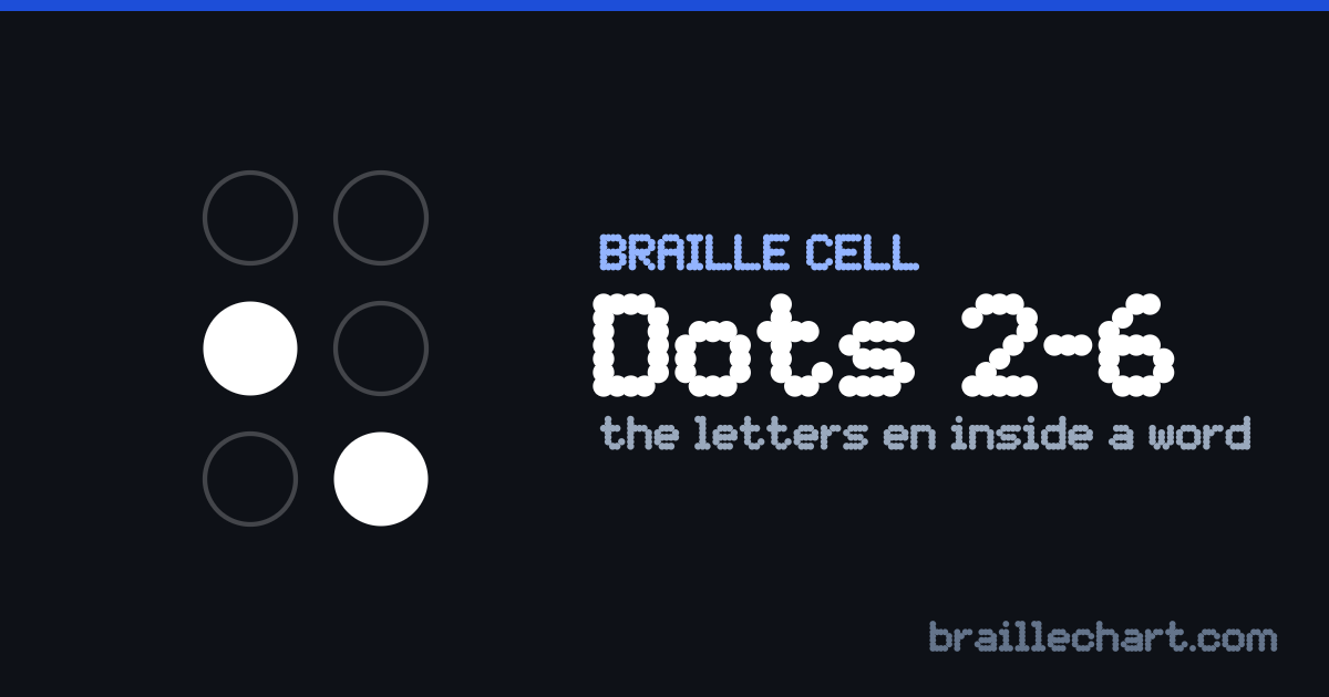 A braille cell with dots 2 and 6 raised, which in Unified English Braille is the letters en inside a word.